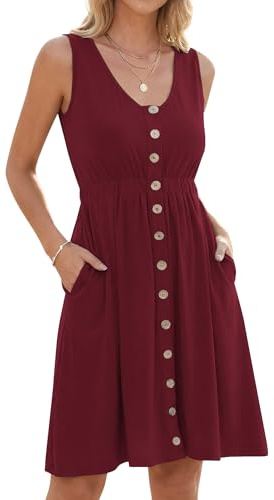 AUSELILY Sommerkleid Damen Ärmellos V-Ausschnitt Strandkleid Elastische Taille Freizeit Knopfleiste Keid mit Taschen Weinrot L