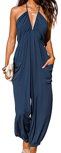 CUPSHE Women's Plunge Halter Sleeveless Pleated Long Romper Knit Jogger Maxi Jumpsuit with Pockets