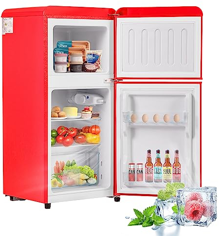 kubeier Mini frigo réfrigérateur Professionnel avec Congélateur de 22 litres, Mini frigo Réfrigérateur Congélateur, avec Un Volume Total de 60 litres, éclairage LED, Classe énergétique F,Red