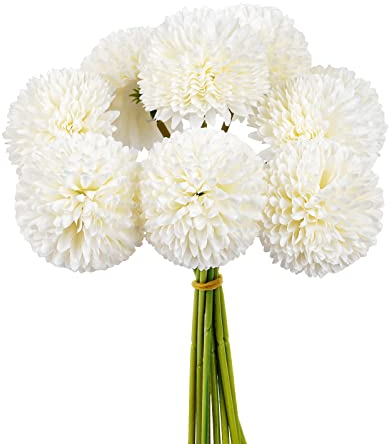 VaryFloral 12pcs Fleurs Artificielle Hortensia Blanc Soie Chrysanthème Petite Boule De Fleurs Fausse Fleur Deco pour La Maison Garden Office Décoration Bouquets De Mariage De Mariée Arrangement