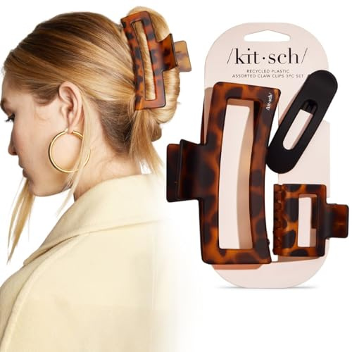Kitsch Assorted Hair Clips for Women - Strong Hold Open Shaped Hair Claw Clips for Girls, Flat Claw Clip - Matte Finish, Durable Plastic | Ideal Gifts for Women - Black & Tortoise, 3 Pcs