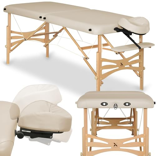 HABYS Panda Plus Massageliege Holz 3-Zonen | Verstellbares Segment | 5 cm Polster | Inkl. Kopfstütze & Armauflage (Beige, 210x70 cm)