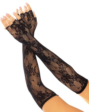 Leg Avenue Womens Seamless Lace Opera Length Floral Fingerless Gloves, Black, O/S