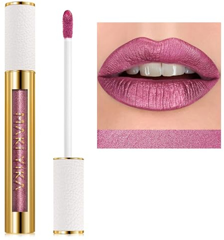 MAKI YIKA Metallic Pink Lipstick Long Lasting Hot Pink Lipsticks for Mother Women High Shine Glitter Lipstick No Smudge Transferproof Liquid Lip Gloss (BR01 Love Story)