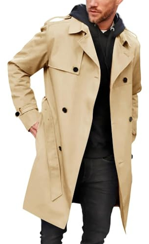 Runcati Abrigo para hombre con doble botonadura, gabardina de manga larga, chaqueta de negocios con solapa y cinturón, beige, XXL