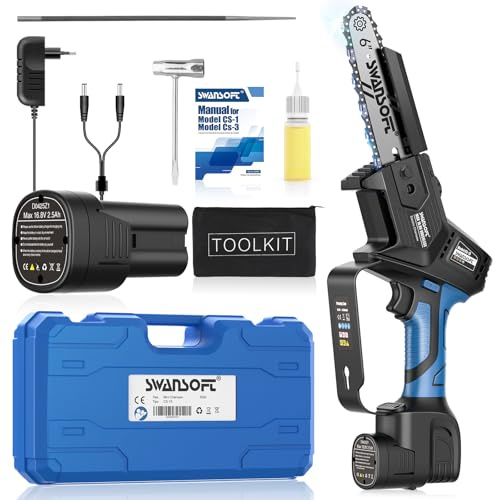 SWANSOFT Professionell mini batteridriven motorsåg, 6 tum 16,8 V 2,5 Ah x 2 500 W handhållen med säkerhetslås och automatiskt fettsystem - elektrisk motorsåg för träd, grenar, uteplats