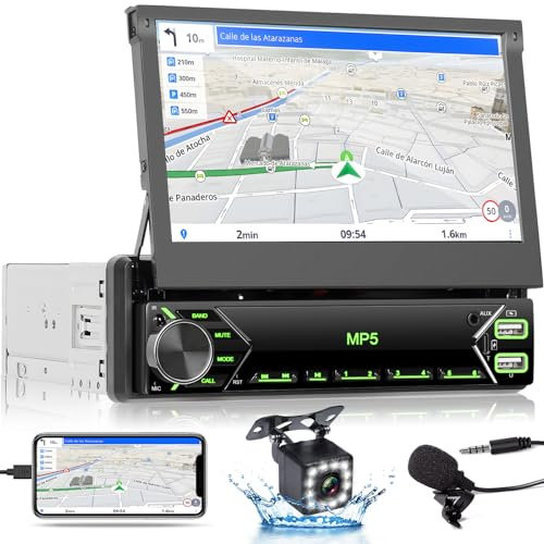 Inefala Autoradio 1 Din con Schermo a Scomparsa, 7 Pollici Touchscreen Stereo Auto Supporta Bluetooth Vivavoce/Mirror Link/FM Radio/USB/Tipo-C/AUX/EQ con Telecamera Posteriore