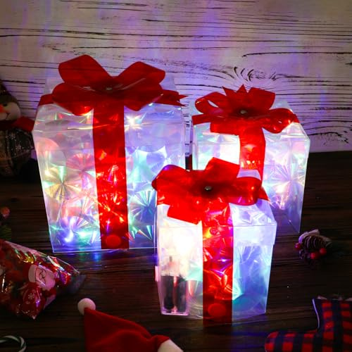 BTFO 3pcs Boîtes Cadeaux Lumineuses, Boîte Cadeau Noël Illuminée Nœuds Boîtes Cadeaux Illuminées Boîtes Cadeaux Guirlandes Blanches Décorations d'arbre de Noël pour Décorations de Noël