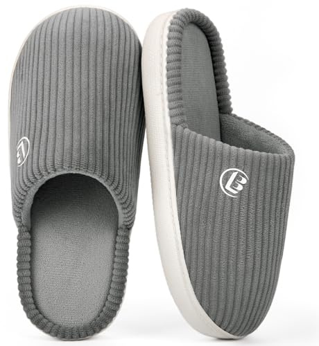 LongBay Women’s Warm Slippers Comfy Corduroy Memory Foam Slip On House Shoes Indoor Outdoor Non-Slip Sole Grey, 7-8