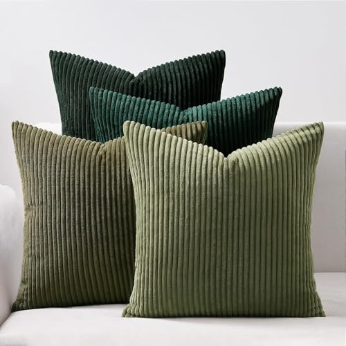 Topfinel 4er Set Kissenbezug 45x45 Cord mit Gestreiftem Dekokissen für Sofa Schlafzimmer Wohnzimmer, Flauschige Kissenhülle Dunkelgrün in Kinderzimmer, Dekorativ und Weich