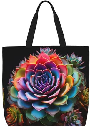 Zhuanyun Bolso de mano colorido con estampado de suculentas para mujer, con bolsillo interior, bolso de mano, bolso de mano, bolso de mano, para compras, oficina, color negro, talla única, Negro ,