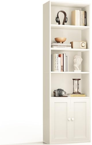 Coleshome 6-Tier Bookcase with Doors and Cabinet, Bookshelf Floor Standing Display Storage Shelf, Bookcases for Home, Office, Living Room, Bedroom, White, 48 x 24 x 176.4