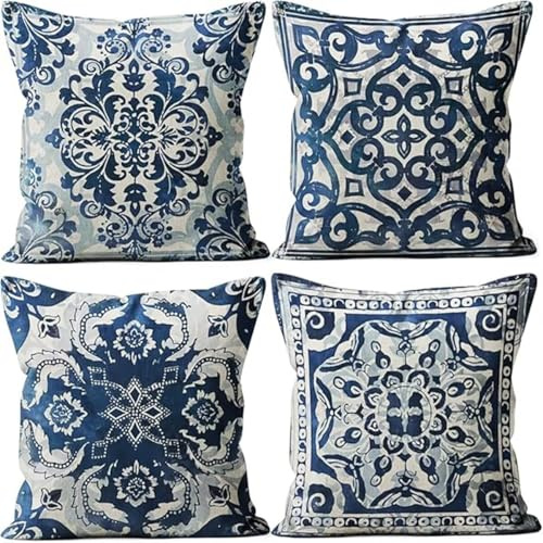 Kissenbezüge 4er Set 30x30cm Dekorative Kissenhülle, Leinen Zierkissenbezüge mit unsichtbarem Reißverschluss, Weich Kissen Bezug Zierkissen für Sofa Zuhause Dekor, Blaues komplexes Muster SD5142