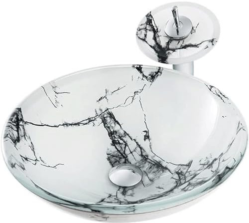 Badarmaturen Badezimmer-Waschbecken aus gehärtetem Glas, rund, über der Theke, Waschbecken, modernes, einfaches Waschbecken, Aufsatzwaschbecken mit Wasserhahn und Abfluss-Kombination Geschenk