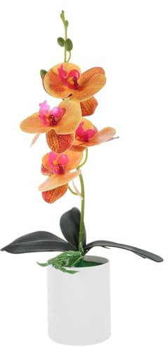 CLISPEED Orchidée Artificielle Orange en Pot en Plastique, Décoration de Table de Bureau, Plante Faux Bonsaï Très Réaliste et Résistante la Décoloration