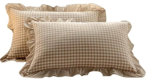 Obelunrp Cubierta de Almohada, 2pcs 48x74cm Cubiertas de Almohada de Gingham con Borde con Volantes, Sencillas Almohadas de Almohadas para Decoraciones en la Cama en el hogar