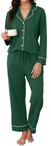 Reliwel Dampyjamas bomull med knappslå pyjamas set lång V-ringad pyjamas tvådelad lång loungewear hemmadräkt PJs bekväm topp och pyjamasbyxor, Grön, S