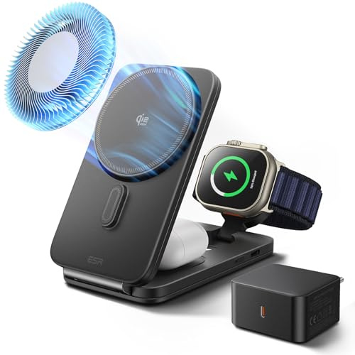 ESR 3-i-1 Magsafe laddningsstation, QI2.2 induktiv laddningsstation för | 25 W CryoBoost Magsafe laddare för iPhone 18pro/Pro max/Duo/17e/16 med iOS 26, Apple WatchS12, AirPods 5, 65 W adapter