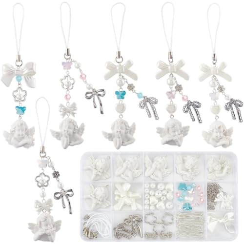 SUNNYCLUE 1 Box DIY 6 Sets Handy Anhänger Set Mit Schleife Weihnachts Anhänger Mit Weißem Engel Und Schleife Handy Schlüsselanhänger Floridn Herzen Und Schmetterlingsperlen Für Frauen Und Erwachsene H