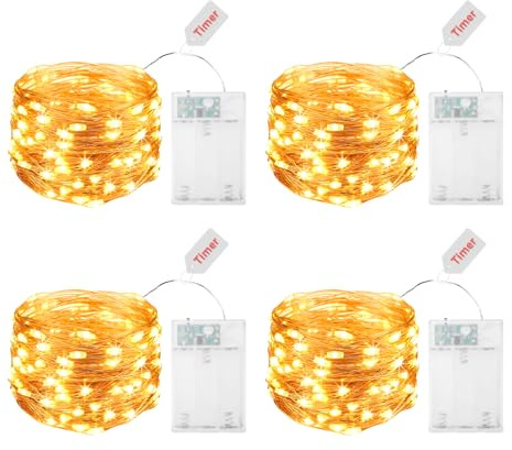ENLACE LED Lichterketten Batterie mit Timer, 4 Stück 5M 50 LED Micro Kupferdraht Lichterkette Innen Batteriebetrieben für Party Weihnachten Hochzeit Halloween Weihnachtsbaum Innen Deko, Warmweiß