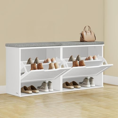 VASAGLE Schuhbank mit Sitzkissen, 2er Set, Sitzbank, jeder Schuhkipper für 6 Paar Schuhe, Klappfach mit Verstellbarer Trennwand, 30 x 60 x 53,5 cm, Flur, Schlafzimmer, wolkenweiß-Taubengrau