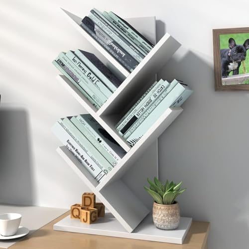 Tree Book Shelf 60 cm, 4-Tier Small Bookcase, Floor Free Standing Bookshelf, Desktop Bookcase, Display Book Magazine CDs Rack, 4 Tier Tree Bookshelf for Living Room, Home - New Home Gifts - White