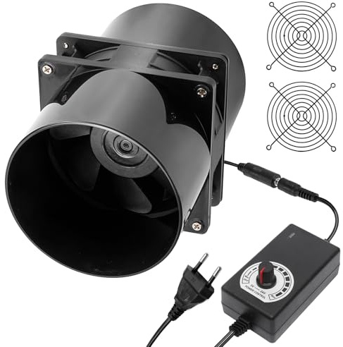 GOMETY Rohrventilator 100mm Lüfter DC12V, Axiallüfter Abluftventilator 100mm mit Geschwindigkeitsregler Rohrlüfter 100mm Leise Netze Kanaladapter für Gewächshaus Growzelt Wintergarten Badlüfter Garage