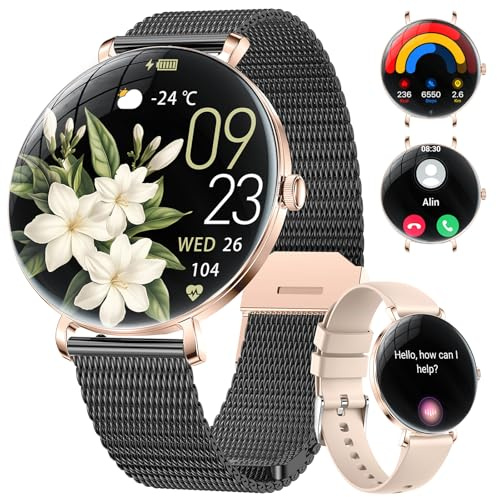 BENYAR SMART Elegante Smartwatch Damen mit Ultra-Dünne Gebogen 1.43 AMOLED Bildschirm, Fitnessuhr mit Telefonfunktion, Frauengesundheit, 110+ Sportmodi, IP68 Smartwatch für iOS Android, Schwarz
