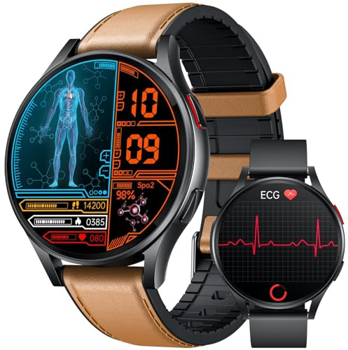 Montre Connectée Homme Smartwatch Sport - ECG HRV Acide Urique MET BMI 1.43AMOLED HD Écran Repondre Appel Moniteur de Sommeil Fréquence Cardiaque Podomètre Fitness Tracker pour Android iOS Ronde Cuir