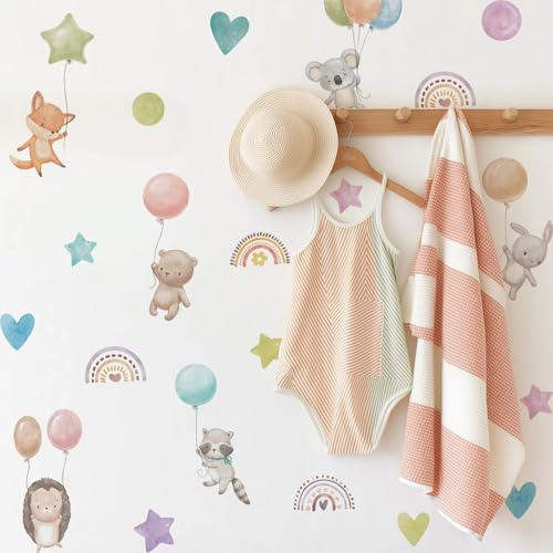 Neukids Boho Regenbogen Wandtattoo,Wandaufkleber Ballon und Tier-72 Stück | Wandsticker Selbstklebende,Deko kinderzimmer mädchen Babyzimmer Mädchen Schlafzimmer wohnzimmer Wanddeko