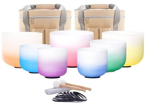Kristall klangskål set med klangskålar i frostat kristall gradient färg 6–12 tum 7 st 432 HZ med bärväska(432 hz beige väska)