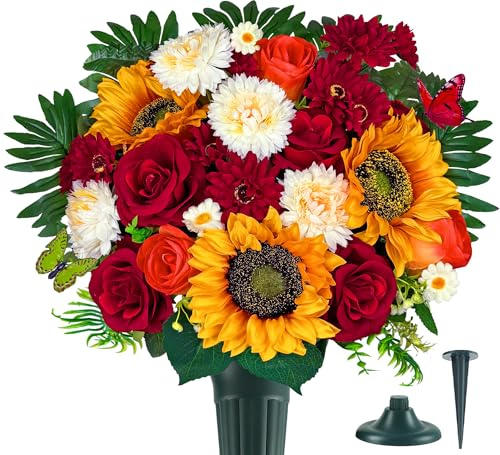 AILVEMEE Artificial Cemetery Flowers,Memorial Flowers,Beautiful Arrangements for Headstones,Silk Sunflower Rose Berries Daisy
