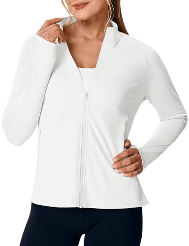 Rdruko Women's UPF 50+ Lightweight Athletic Jackets Sun Protection Full Zip Long Sleeve Packable Workout Shirts Running, White, M