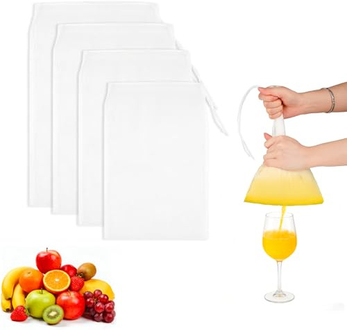 Sac a Lait Vegetal Réutilisable - Lot de 4 Tailles Sac Filtrant en Nylon Alimentaire avec Cordon Etamine Alimentaire Ultra Fine pour Lait d'Amande Jus de Fruits Café Fromage et Tamis Cuisine