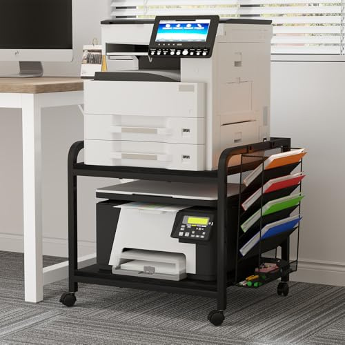 AMLANCHER 2-Stufiger Druckertisch mit Rollen und Dokumentenkorb 63x57x61cm, 5 Einstellbar Höhen, Mobiler Druckerständer für 3D-Drucker/Scanner/Faxgerät, für Zuhause, Büro & Schule, Schwarz