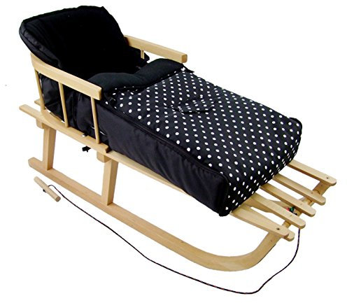 Rawstyle *KOMBIPAKET* HOLZSCHLITTEN mit Rückenlehne incl. Zugleine + WINTERFUSSSACK 90cm aus Fleece für Kinderwagen Fleece NEU (Schwarz + Punkte Weiß)