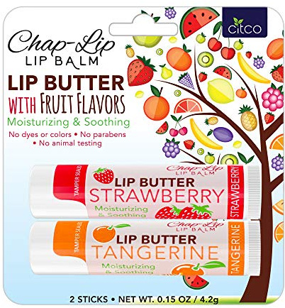 CHAP-LIP Lip Butter Lip Balm with Fruit Flavors, Cocoa Butter, Coconut Oil | Moisturizing Vitamin E & Total Hydration Treatment & Soothing Lip Therapy (2 Count - Strawberry & Tangerine)