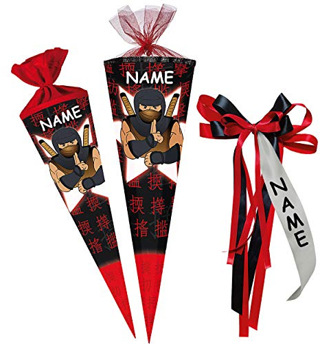 alles-meine.de GmbH Schultüte - Ninja Kämpfer - Samurai - 85 cm - 6 eckig - incl. Name und individueller großer Schleife - Tüllabschluß - Zuckertüte - mit/ohne Kunststoff Spitz..