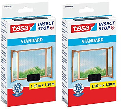 tesa Insect Stop STANDARD Fliegengitter für Fenster - Insektenschutz zuschneidbar 1,5m:1,8m (2er Pack), Anthrazit (Durchsichtig)