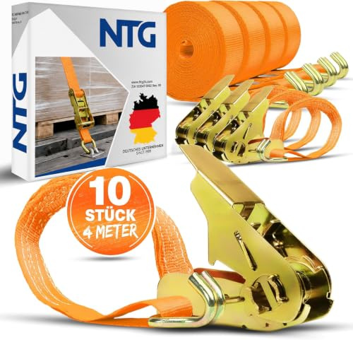NTG Spanngurte mit Ratsche 10 Stück 4m 800 kg - TÜV/GS geprüft Haken 25mm | Ratschengurt Zurrgurte 25 mm 0,8 Tonnen - Ladungssicherung für LKW - auch als 2 - 4 - 6 - 8 oder 20 Set erhältlich