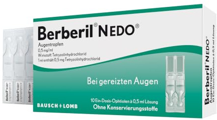 Berberil N EDO Augentropfen bei gereizten und geröteten Augen 10 x 0,5 ml | Linderung bei Rötungen & Reizungen durch Staub oder Allergien- abschwellende Wirkung- für Erwachsene & Kinder, in Einzeldosen