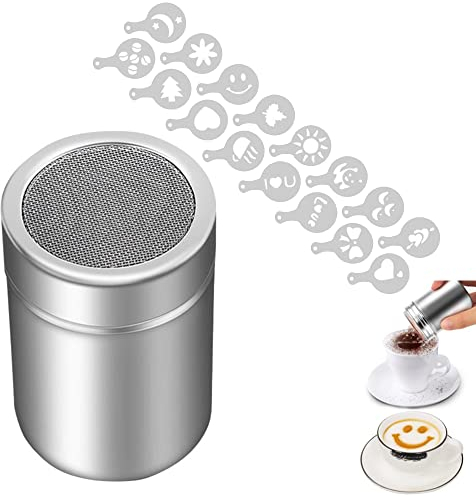 CAPACITEA Powder Sifter with Lid, Stainless Steel Icing Sugar Cocoa Flour Mesh Shaker with 16 Piece Coffee Stencils Set, for DIY Coffee and Baking,Silver