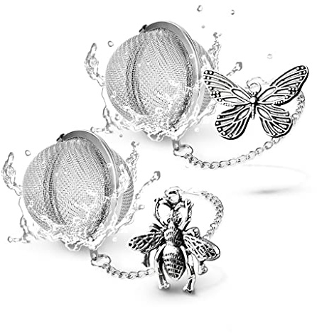 2pcs TeaSanavie Tea Infuser，Loose Tea Steeper Couple Handmade Honey Bee & Butterfly Tea Strainers for Loose Tea, Tea Strainer with Bee Charm Pendant Tea Ball Set Gifts for Women