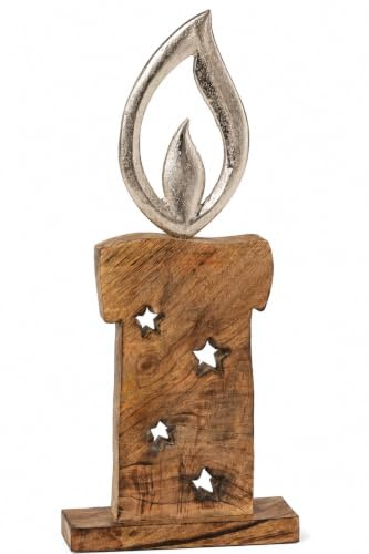 Großer XXL Aufsteller Kerze Deko-Figur Weihnachts-Kerze aus Holz & Metall in braun & Silber Weihnachtsdeko Deko-Figur Weihnachtsdekoration Weihnachten Herbst Weihnachts-Deko Advent Geschenk-Idee