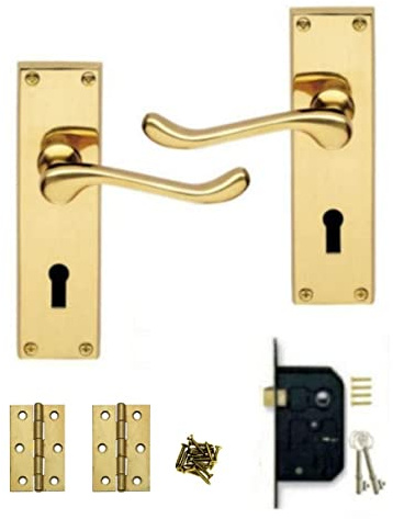Golden Grace Victorian Scroll Lever Lock Door Handles, Polished Brass | Complete fitting kit with 148mm x 40mm backplates, spindle, screws, 2 keys, and matching butt hinges in a brass finish.