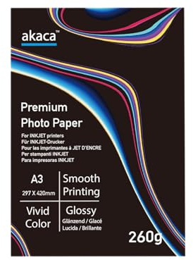 akaca Fotopapier A3 Glänzend (297 x 420 mm), 40 Blatt, 260 g/m², Premium Glossy Photo Paper, Photopapier für alle Tintenstrahldrucker