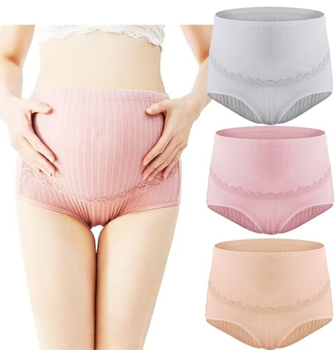 Hedywei 3 bragas de maternidad de algodón para embarazadas, cintura alta, Gris + Desnudo + Coral Claro, M