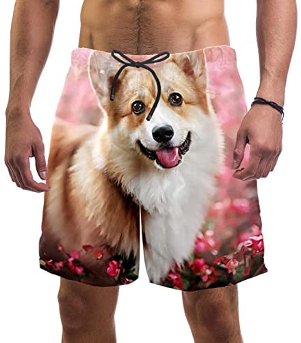 WOSHJIUK Herren-Shorts,Badehose,schnell trocknend,Waliser-Corgi-Hund Blumen-Feld,Board Short Outdoor Walk Beach Bademode