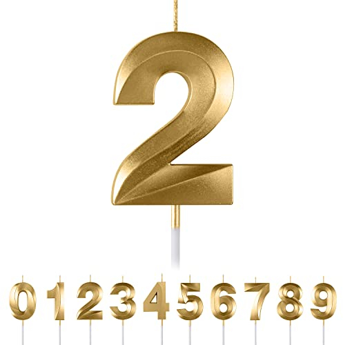 Geburtstagskerzen Zahlen 2,3D Gold Geburtstagskerzen,Kerzen Geburtstag Zahl 2, Kuchen Topper Dekoration Kuchendeko Geburtstag, Geburtstagskerzen für Geburtstagsdeko