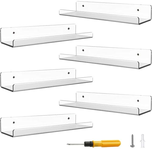 6er-Set Wandregale ohne Bohren, klare Acryl-Schweberegale zum Kleben, 38 cm | Wasserfestes, rostfreies Wandregal zur Klebe- oder Schraubmontage für Bad, Küche, Wohn- und Schlafzimmer.